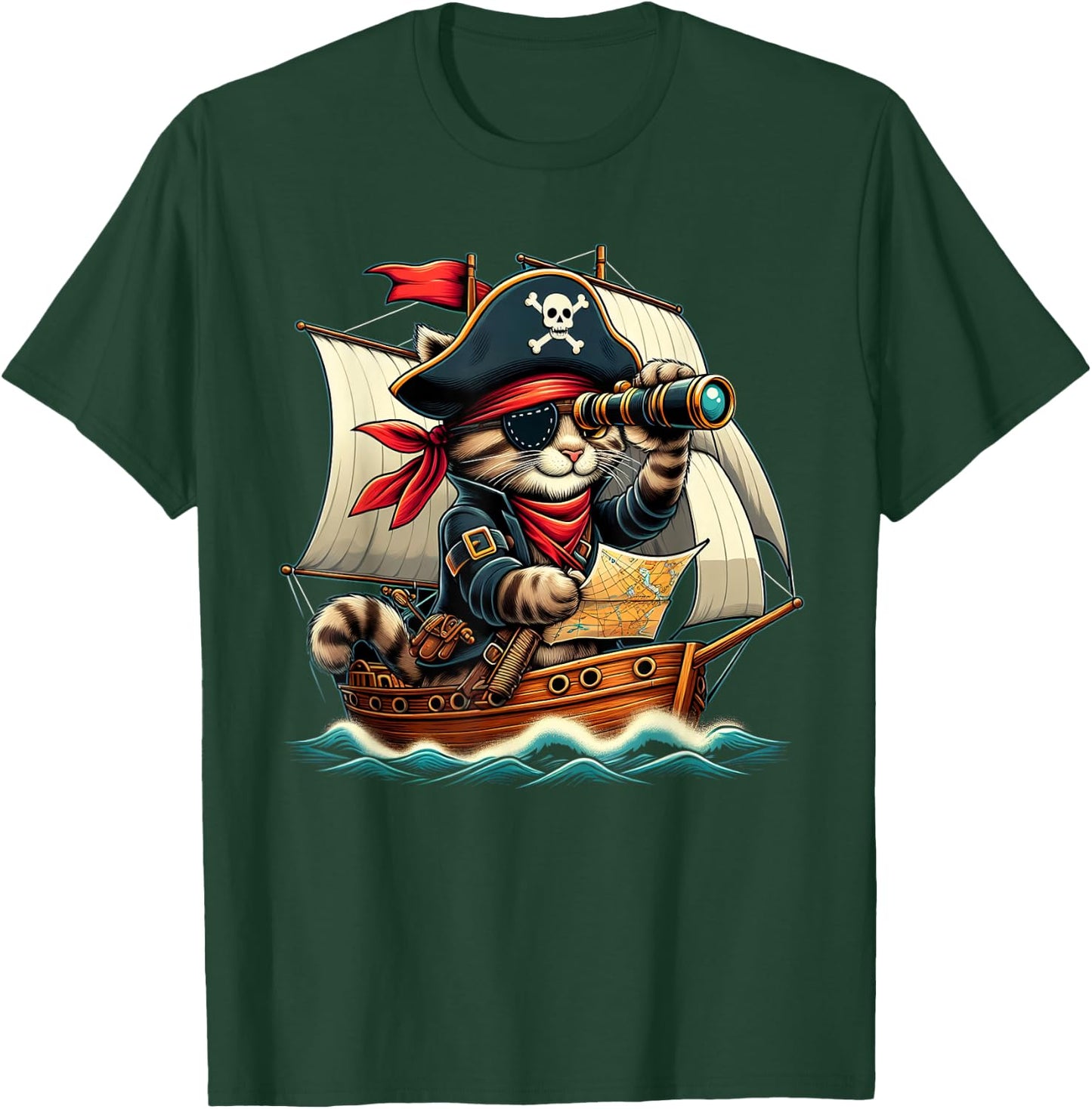 Funny Pirate Cat Adventure Halloween Cat Lover Men Women T-Shirt - T-Shirt | Forest