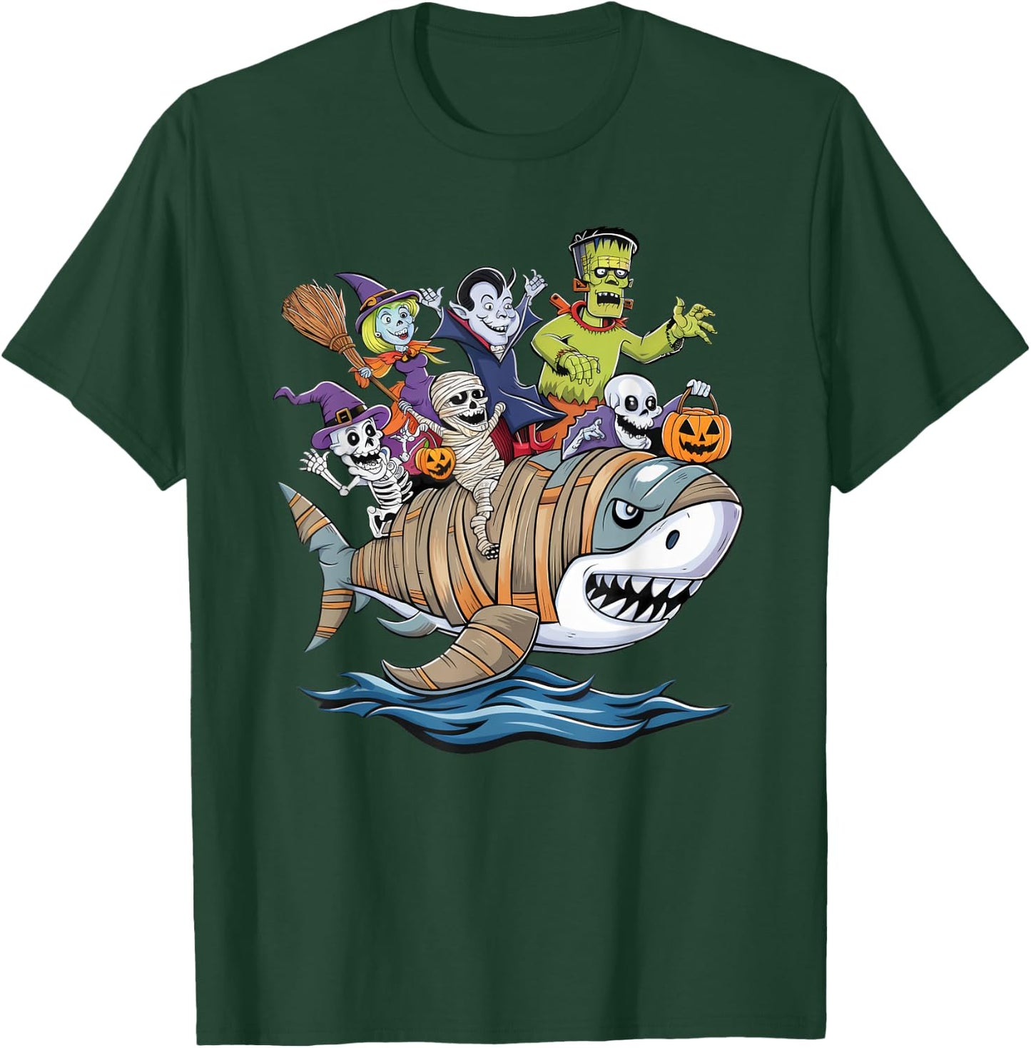 Skeleton Zombie Riding Mummy Shark Funny Halloween Pumpkin T-Shirt - T-Shirt | Forest