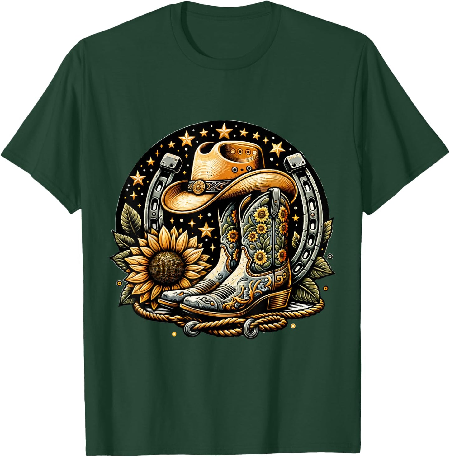 Vintage Cowboy Boot Horseshoe SunflowerRetro western Cowgirl T-Shirt - T-Shirt | Forest