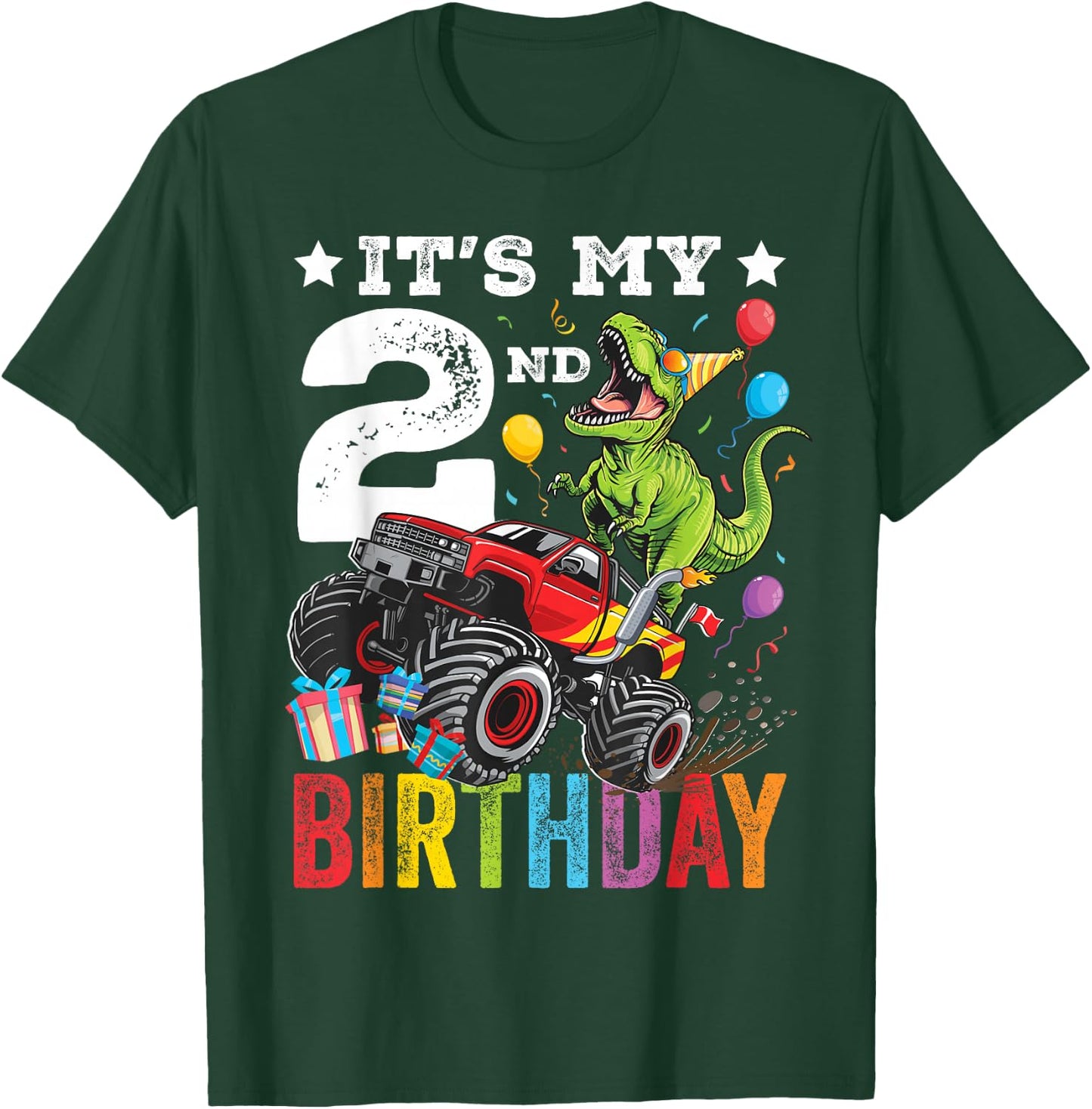 Two 2nd Birthday Dinosaur Monster Truck T-Shirt - T-Shirt | Forest
