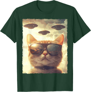Funny Cat Sunglasses Selfie Ufos T-Shirt - T-Shirt | Forest