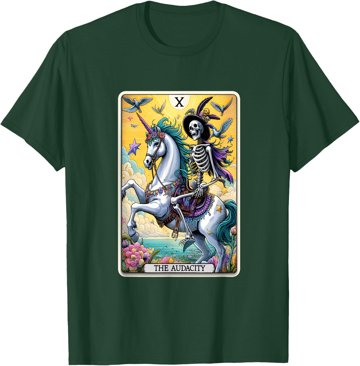 Audacity Tarot Card Sarcastic Skeleton Riding Unicorn T-Shirt - T-Shirt | Forest