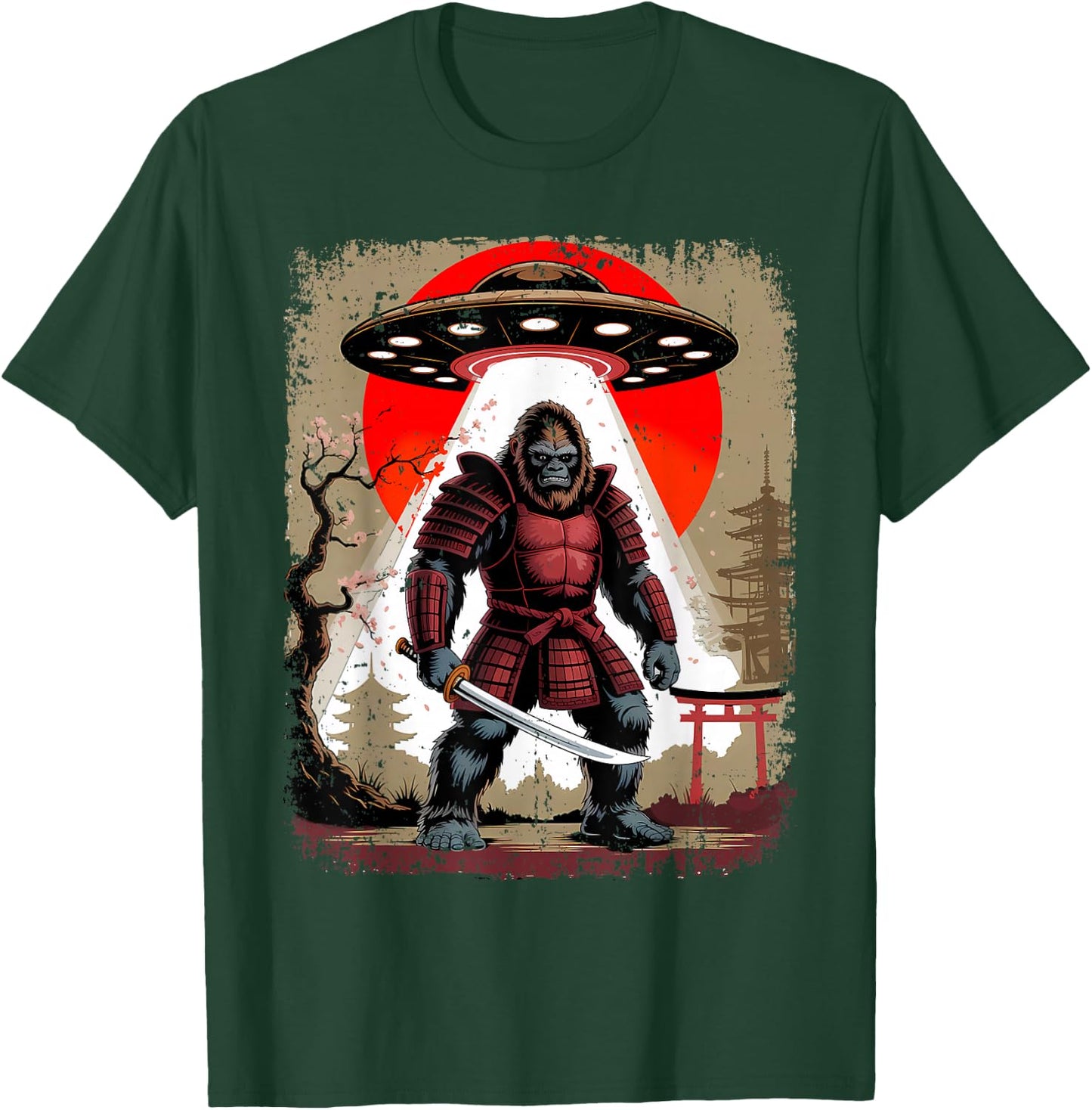 Japanese Samurai Bigfoot UFO Katana Vintage Graphic T-Shirt - T-Shirt | Forest