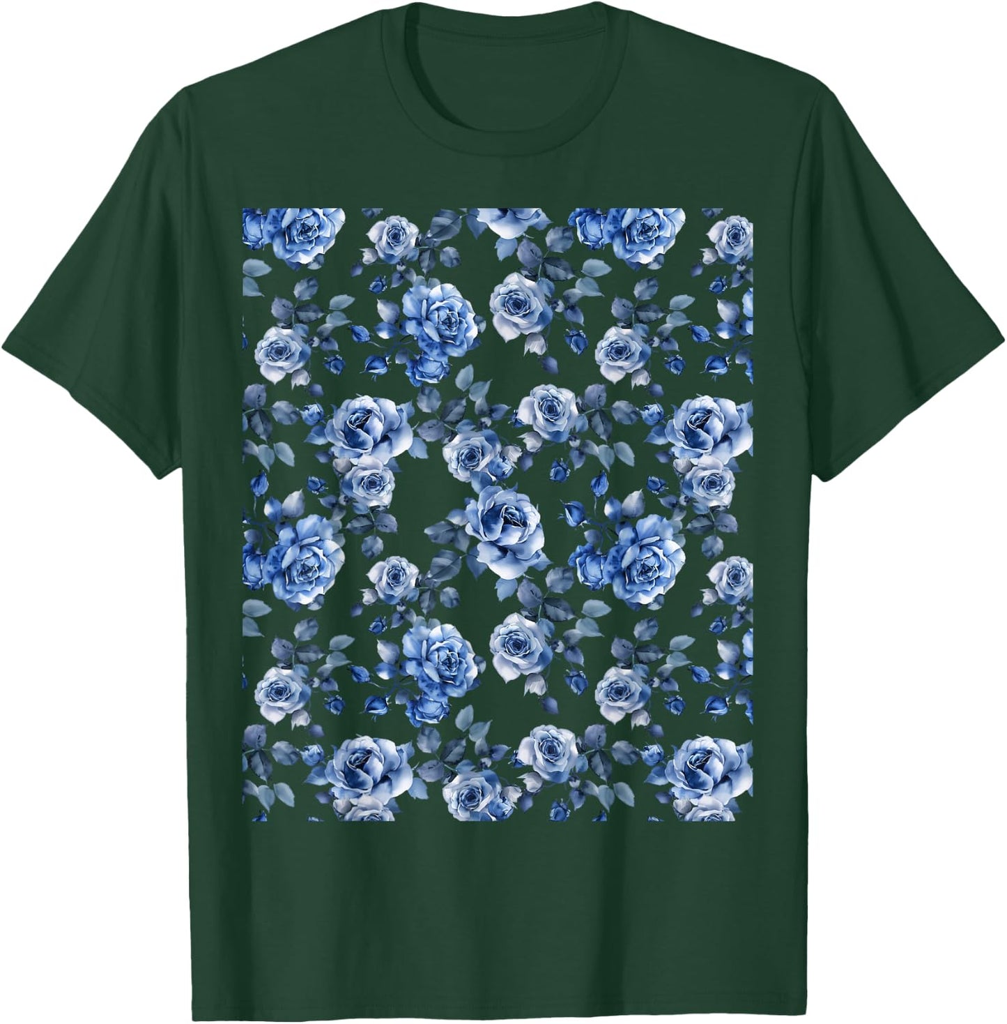 Blue and White Rose Flower Design T-Shirt - T-Shirt | Forest