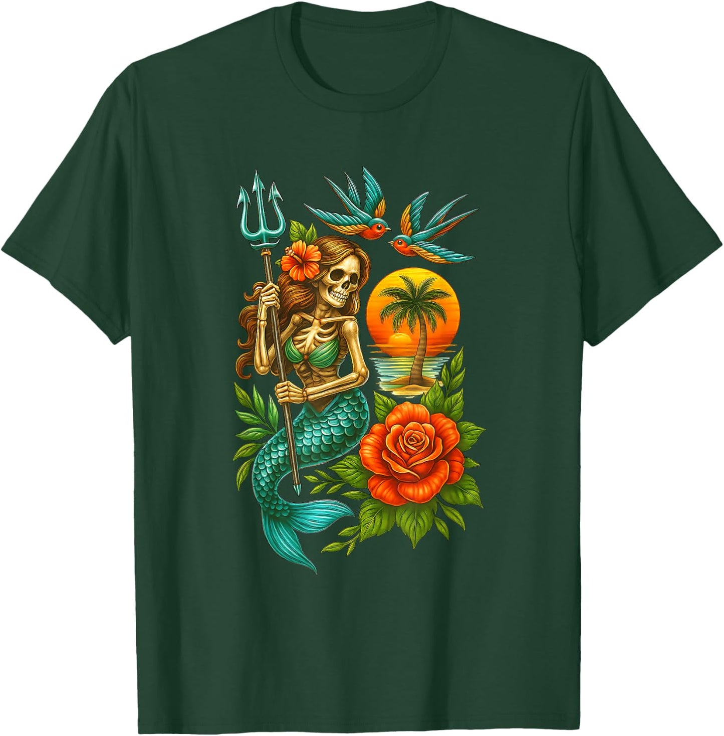 Mermaid Skeleton Traditional Tattoo OldSchool Tattoo Flash T-Shirt - T-Shirt | Forest