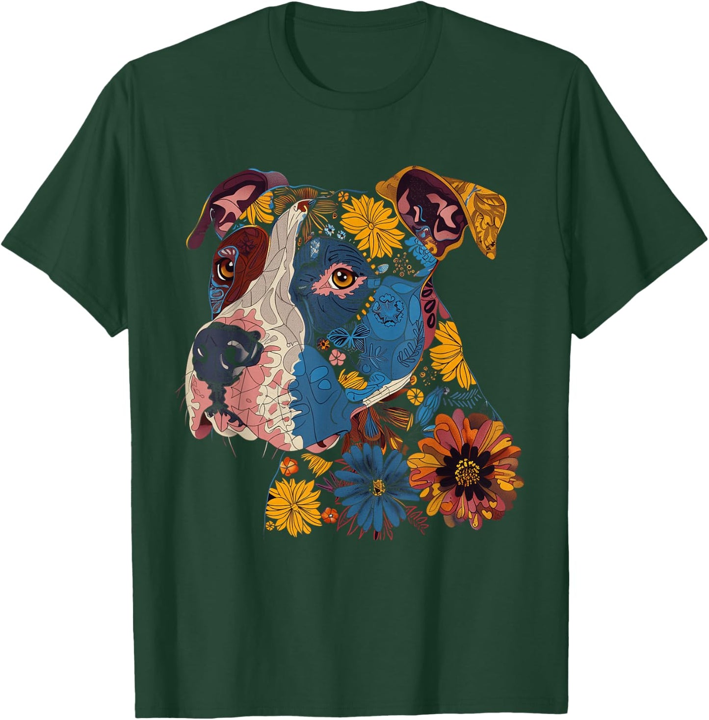 Pitbull Floral Dog Lover Vintage Flower Art Pitbull Mom Dad T-Shirt - T-Shirt | Forest