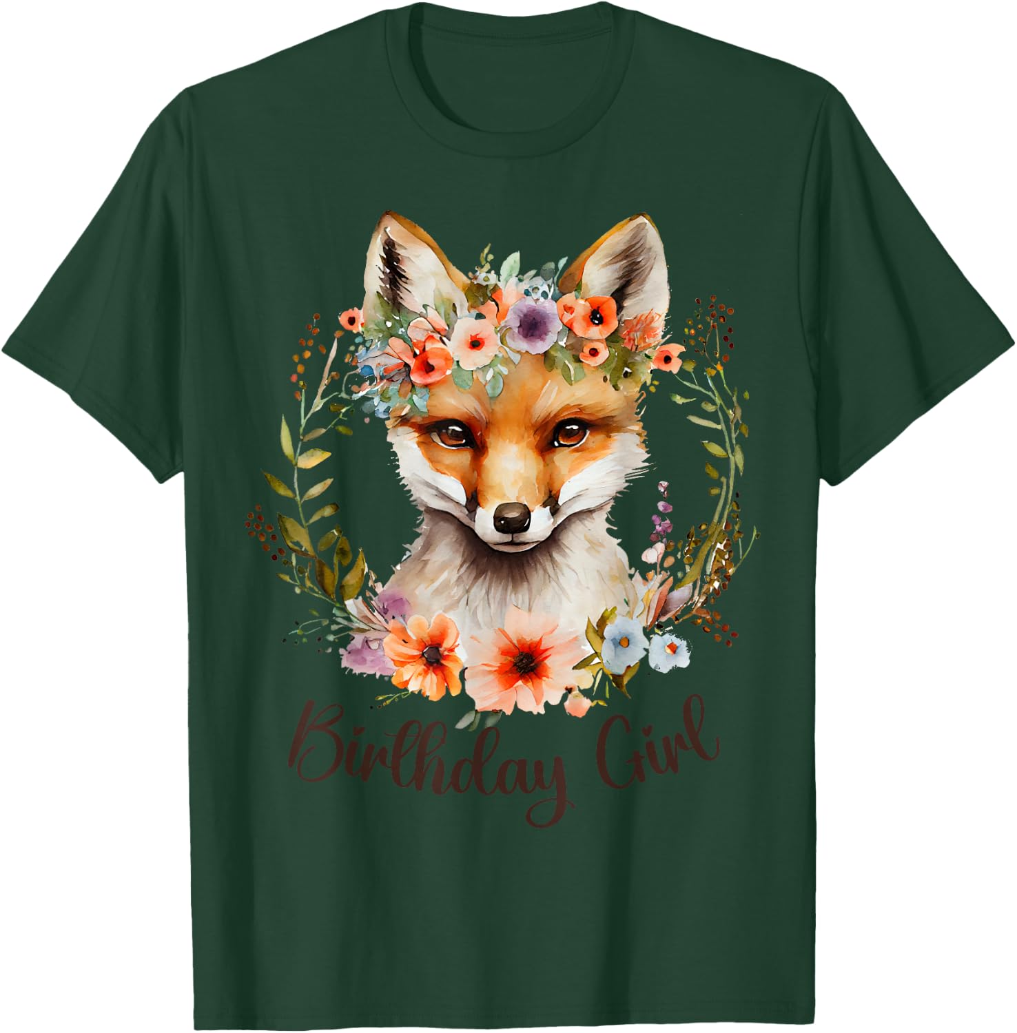 Cute Fox with flowers and words "Birthday Girl" Women Girls T-Shirt - T-Shirt | Forest