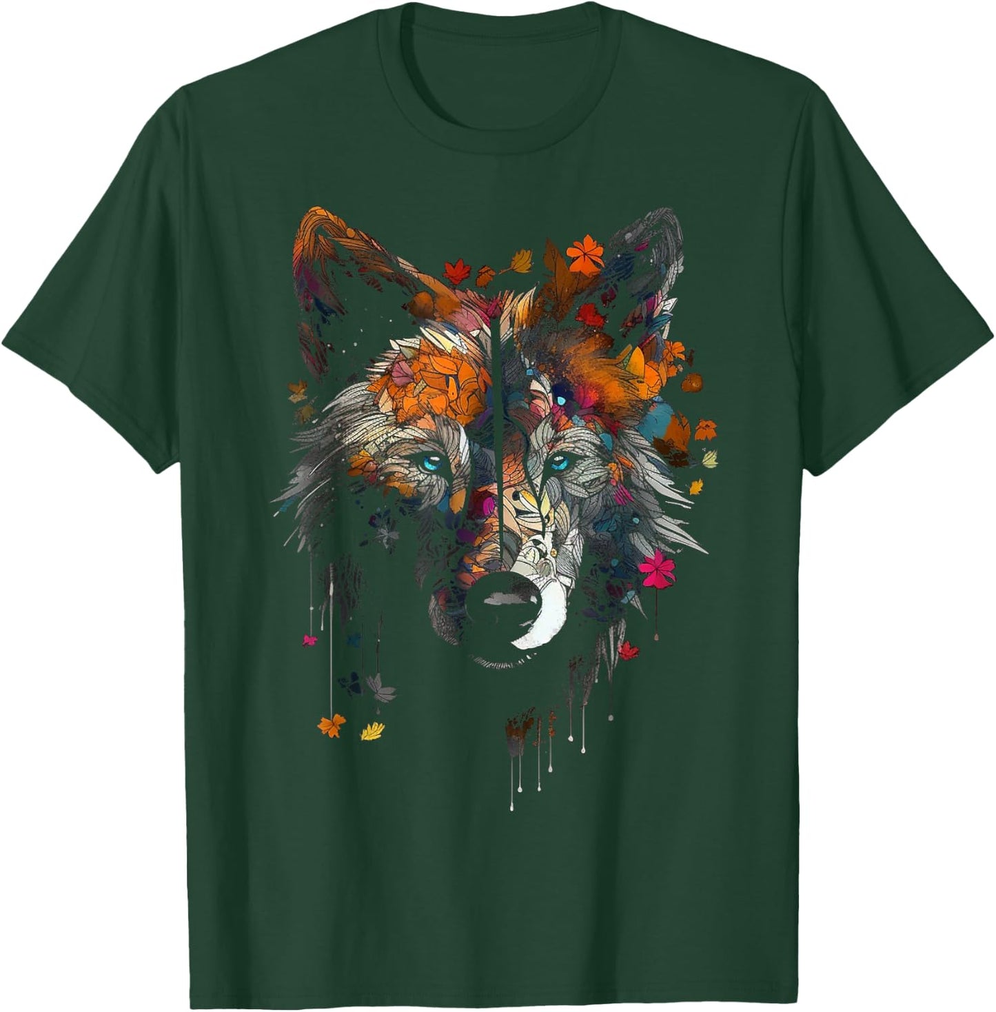 Wolf Autumn Leaves - Blue Eyes - Animal Art Motif Wolf T-Shirt - T-Shirt | Forest