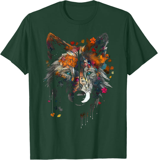 Wolf Autumn Leaves - Blue Eyes - Animal Art Motif Wolf T-Shirt - T-Shirt | Forest