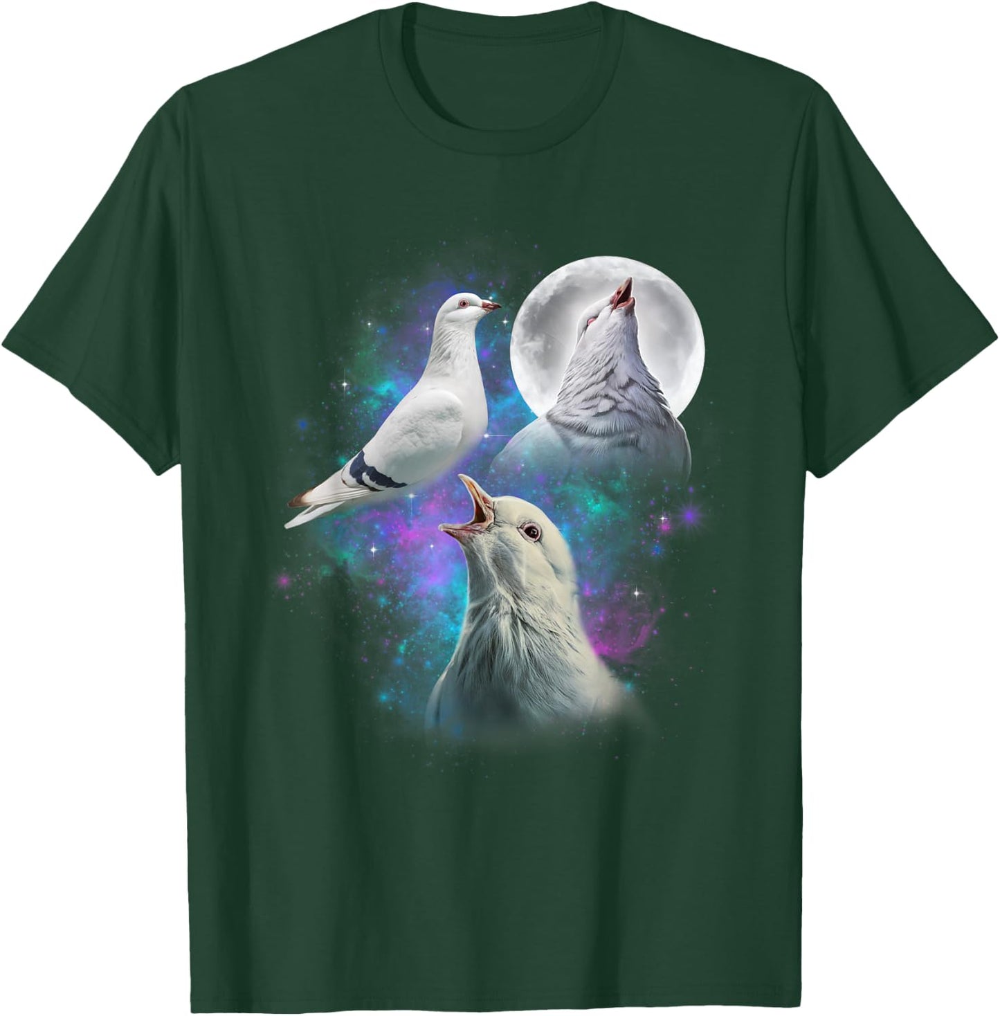 Three White Pigeons Howling At The Moon Funny Pigeon T-Shirt - T-Shirt | Forest