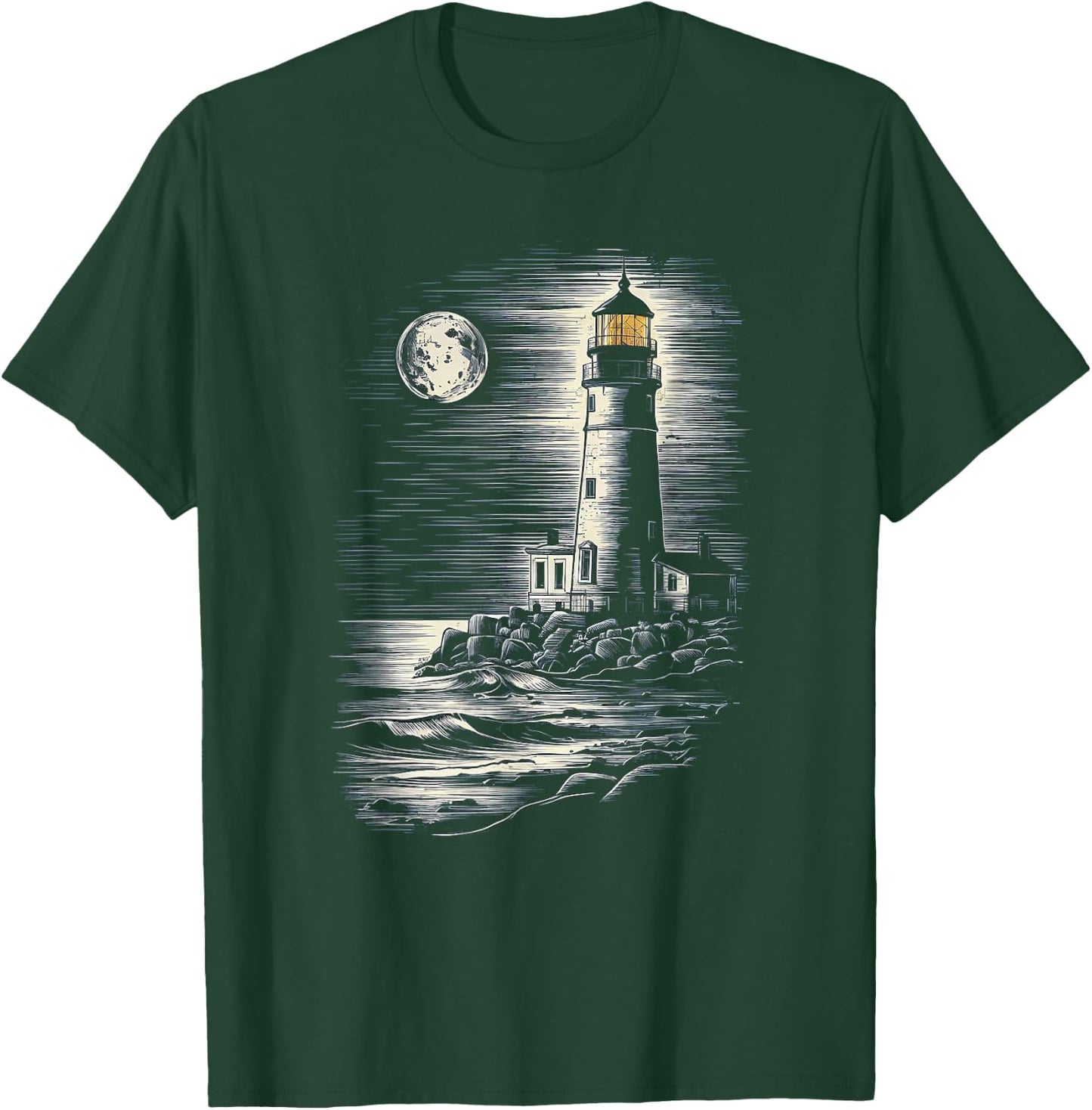 Full Moon Lighthouse Nautical T-Shirt - T-Shirt | Forest