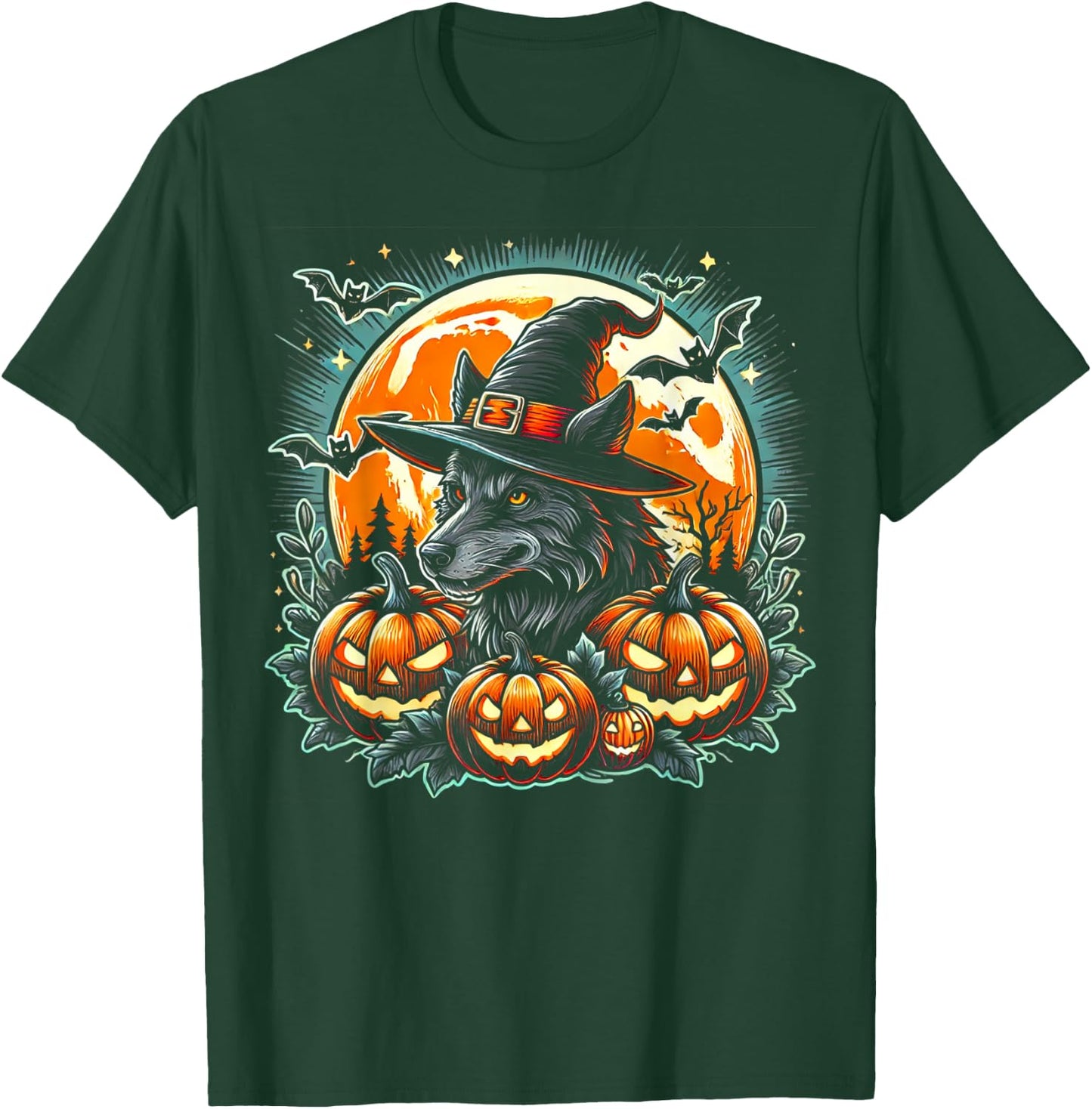 Wolf Witch Halloween - Spooky Pumpkin Art T-Shirt - T-Shirt | Forest