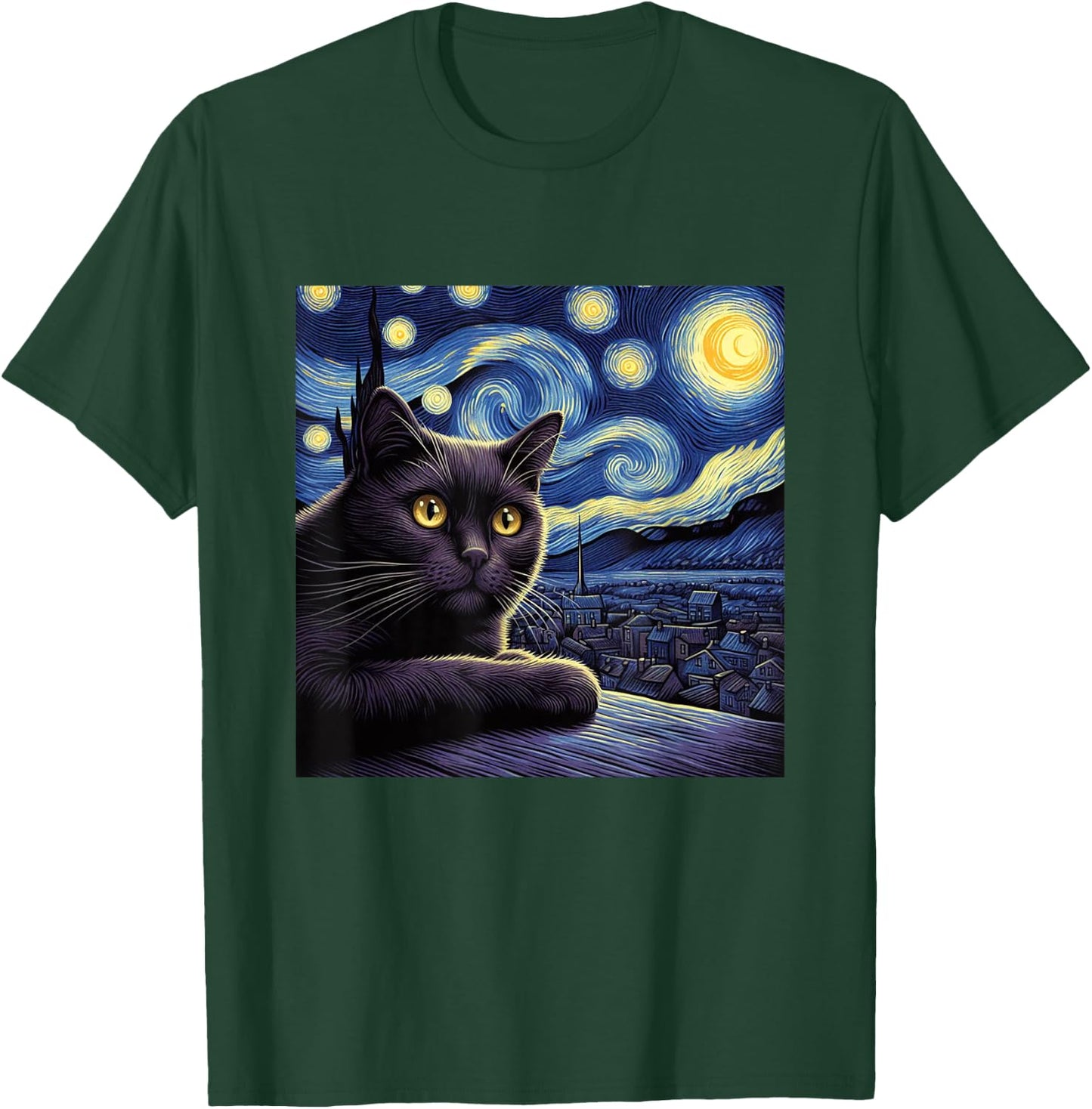Starry Night Cat Design - Van Gogh Inspired Graphic Men Women Girls Kids T-Shirt - T-Shirt | Forest