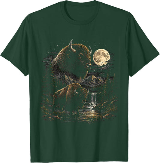 Vintage 90s American Bison Moon Wildlife Nature T-Shirt - T-Shirt | Forest