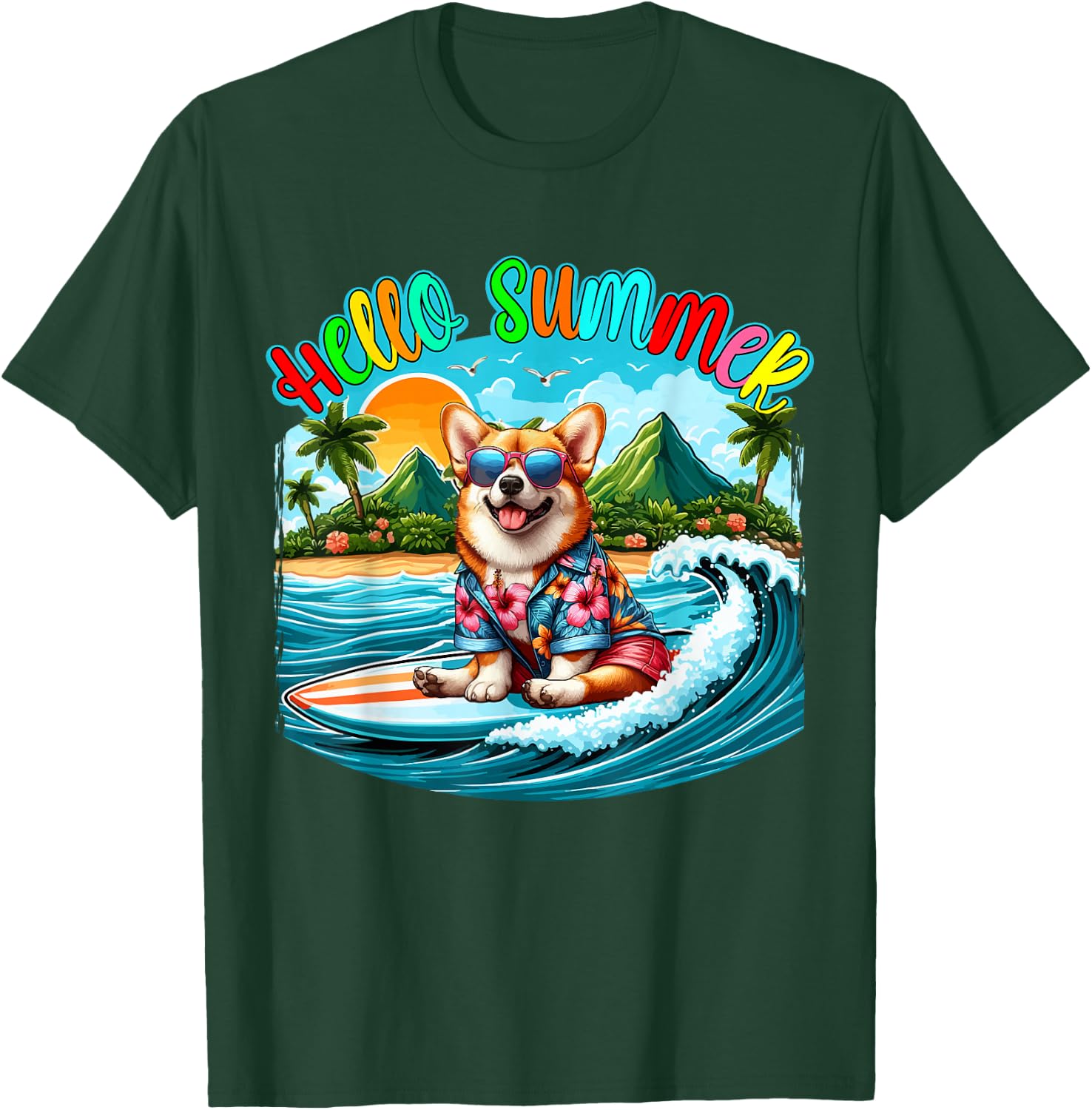 Summer Costume Corgi Sunglasses Surfing On Beach Surfer T-Shirt - T-Shirt | Forest