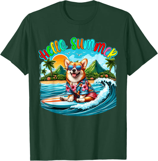 Summer Costume Corgi Sunglasses Surfing On Beach Surfer T-Shirt - T-Shirt | Forest
