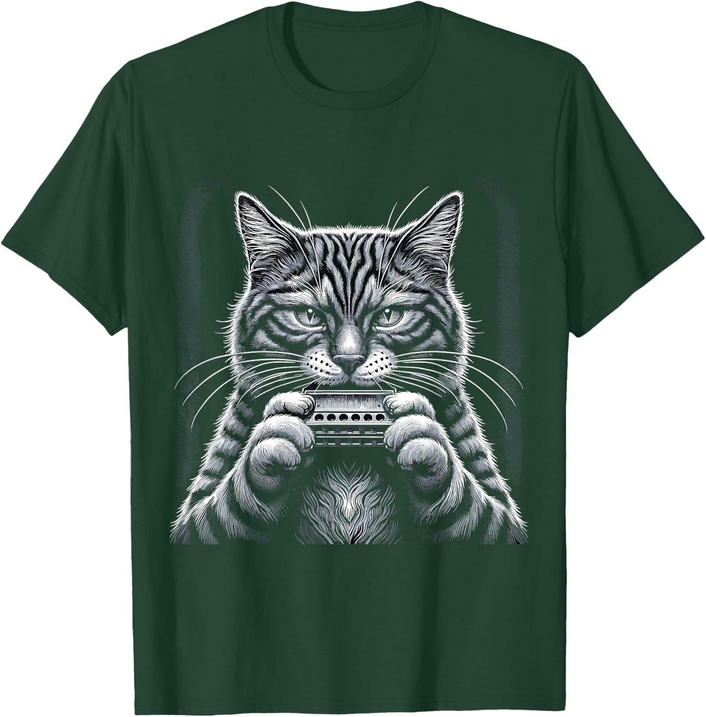 Cat Music Harmonica Player Country Folk Blues Whiskers Tabby T-Shirt - T-Shirt | Forest