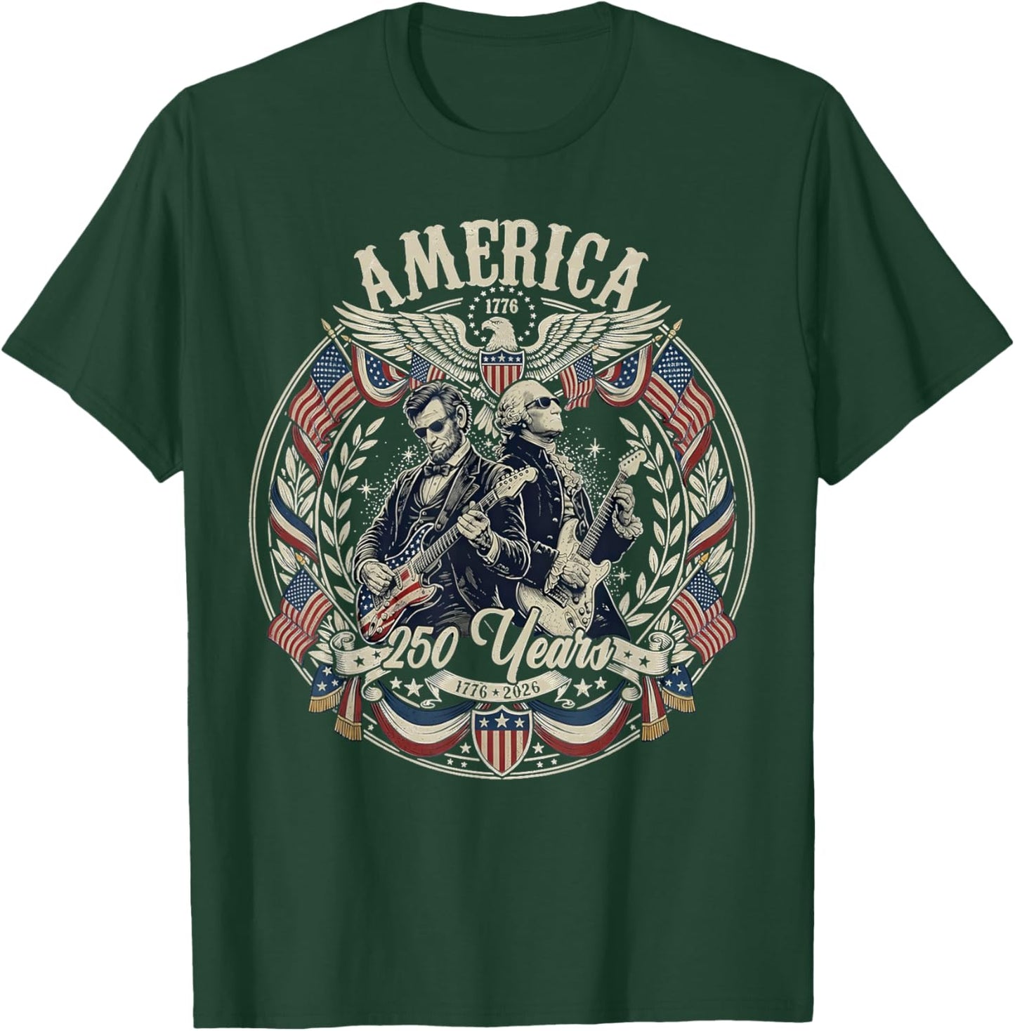 Patriotic George Washington Abe Lincoln Playing Guitar 250th T-Shirt - T-Shirt | Forest