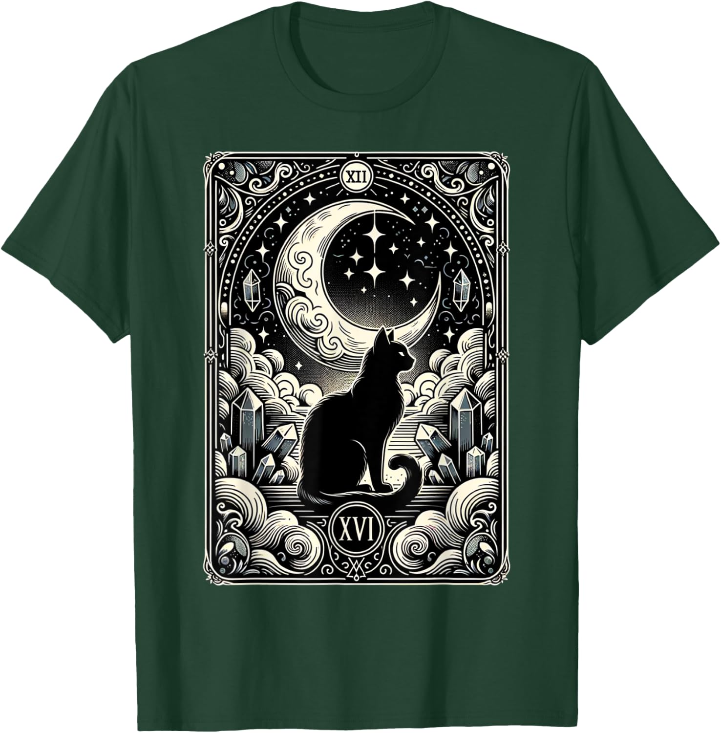 Magical Tarot Card Black Cat and Crescent Moon Vintage Cat T-Shirt - T-Shirt | Forest