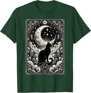 Magical Tarot Card Black Cat and Crescent Moon Vintage Cat T-Shirt - T-Shirt | Forest