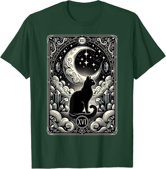 Magical Tarot Card Black Cat and Crescent Moon Vintage Cat T-Shirt - T-Shirt | Forest