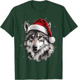 Wolf Santa Hat Funny Xmas Wolf Lovers Christmas Pajama T-Shirt - T-Shirt | Forest