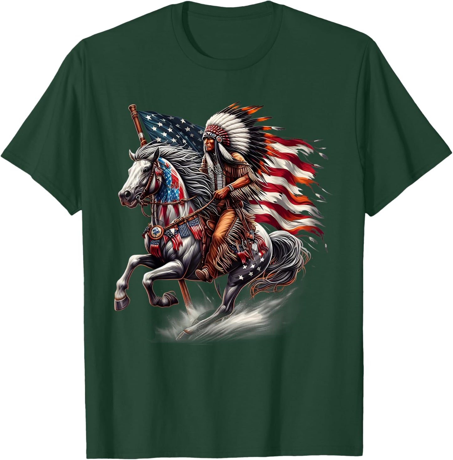 Native American Day Flag Indian Riding Horse 4th of July T-Shirt - T-Shirt | Forest