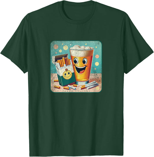 Happy Beer and Cigarettes Retro Advertising Design T-Shirt - T-Shirt | Forest