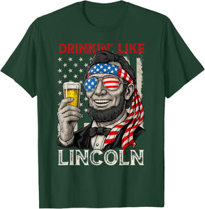 Drinking Like Lincoln Funny 4th of July America Flag Retro T-Shirt - T-Shirt | Forest