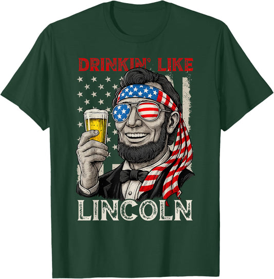 Drinking Like Lincoln Funny 4th of July America Flag Retro T-Shirt - T-Shirt | Forest