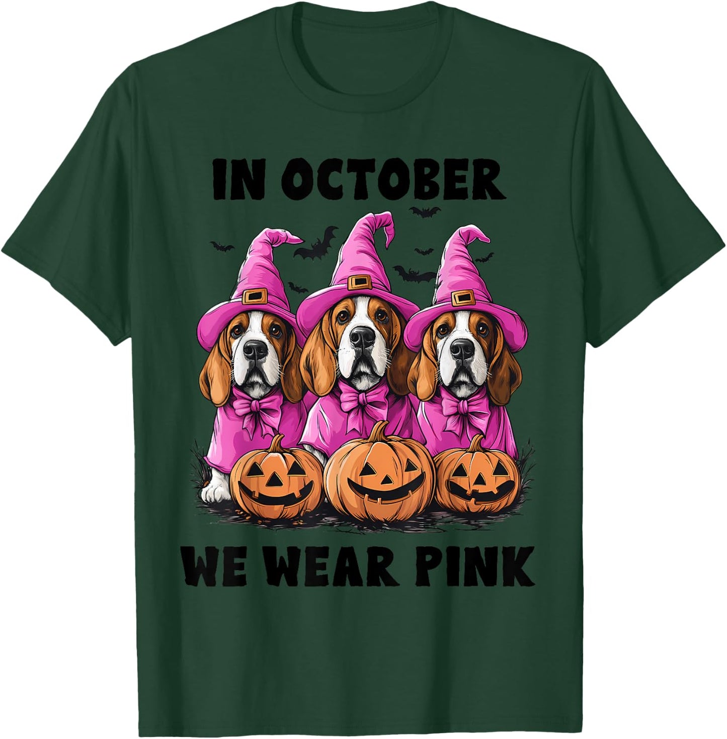 In October We Wear Pink Basset Hound Halloween Breast Cancer T-Shirt - T-Shirt | Forest