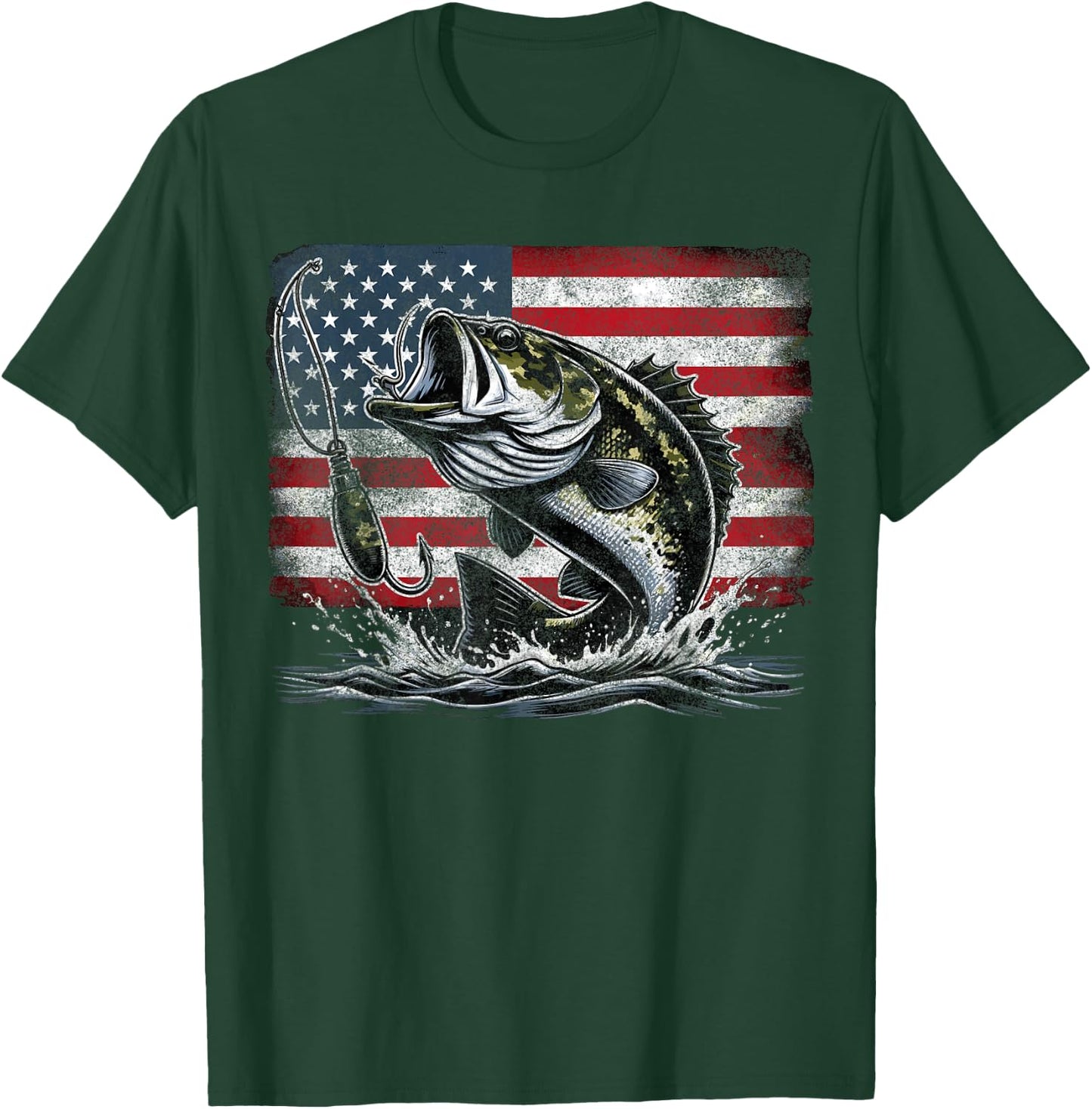 Fishing Retro American Flag Bass Fish Fisherman Camo T-Shirt - T-Shirt | Forest