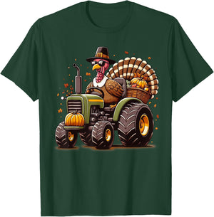 Turkey Riding Tractor Boys Kids Happy Thanksgiving Day T-Shirt - T-Shirt | Forest