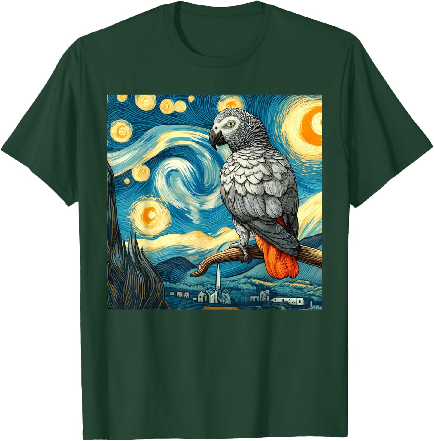 African Grey Parrot Owner Bird Lover Starry Night Van Gogh T-Shirt - T-Shirt | Forest