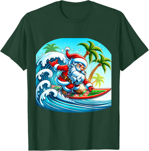 Christmas Surfing Santa Beach Surfboard Palms Women Kids T-Shirt - T-Shirt | Forest