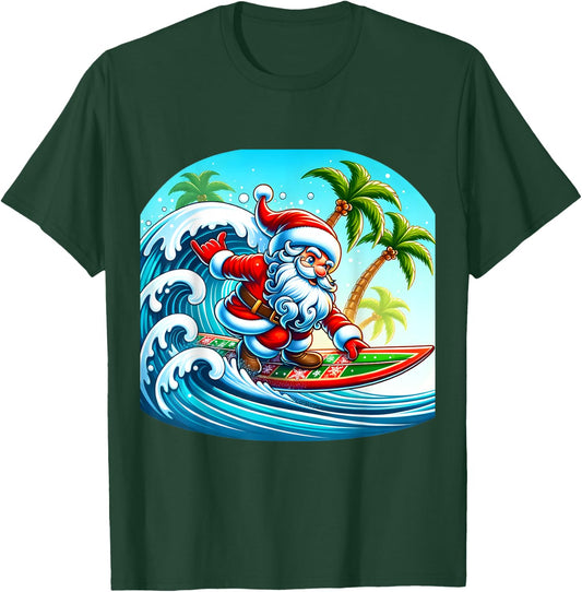 Christmas Surfing Santa Beach Surfboard Palms Women Kids T-Shirt - T-Shirt | Forest