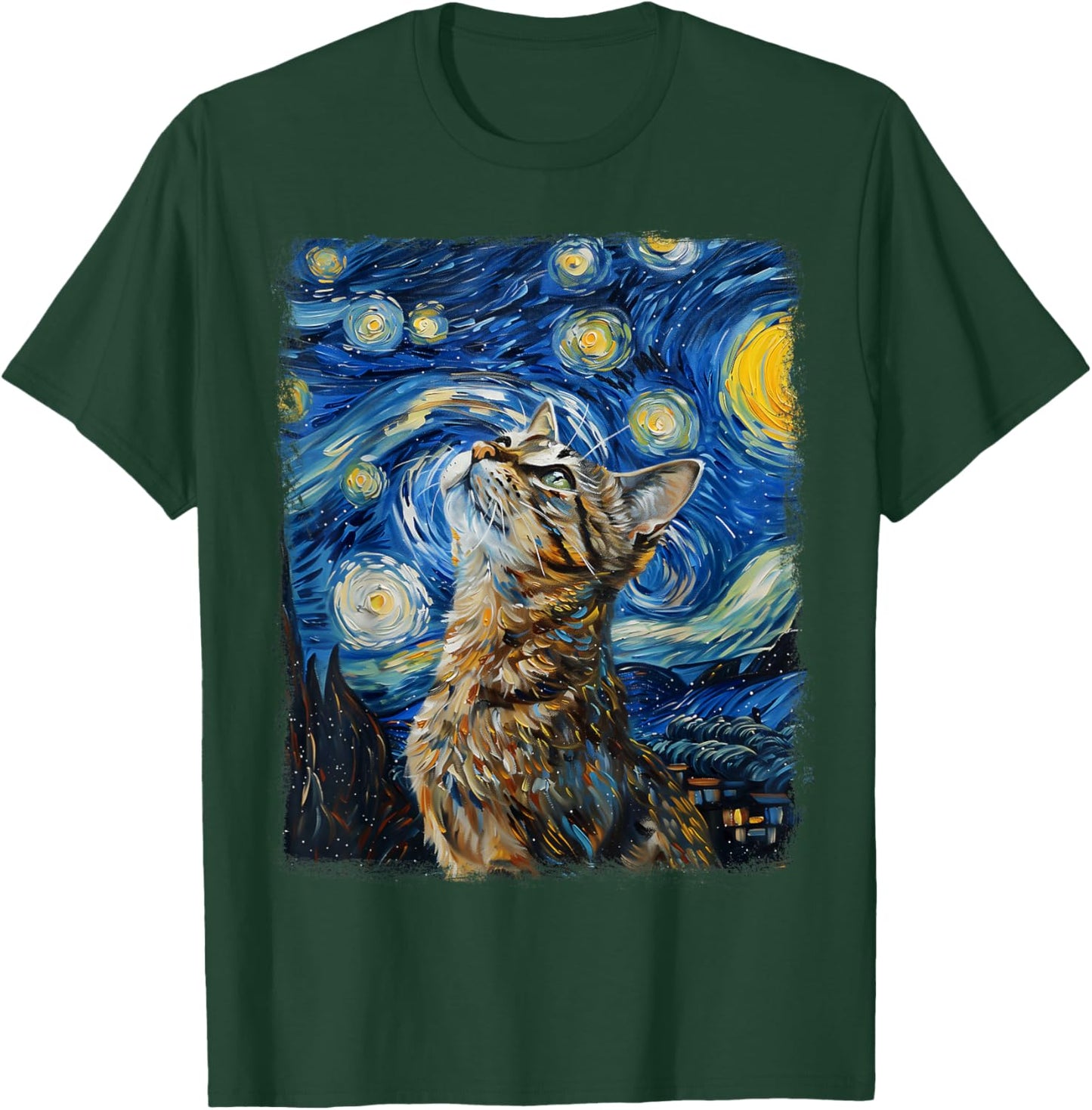 Tabby Cat Orange Cat Starry Night Painting T-Shirt - T-Shirt | Forest