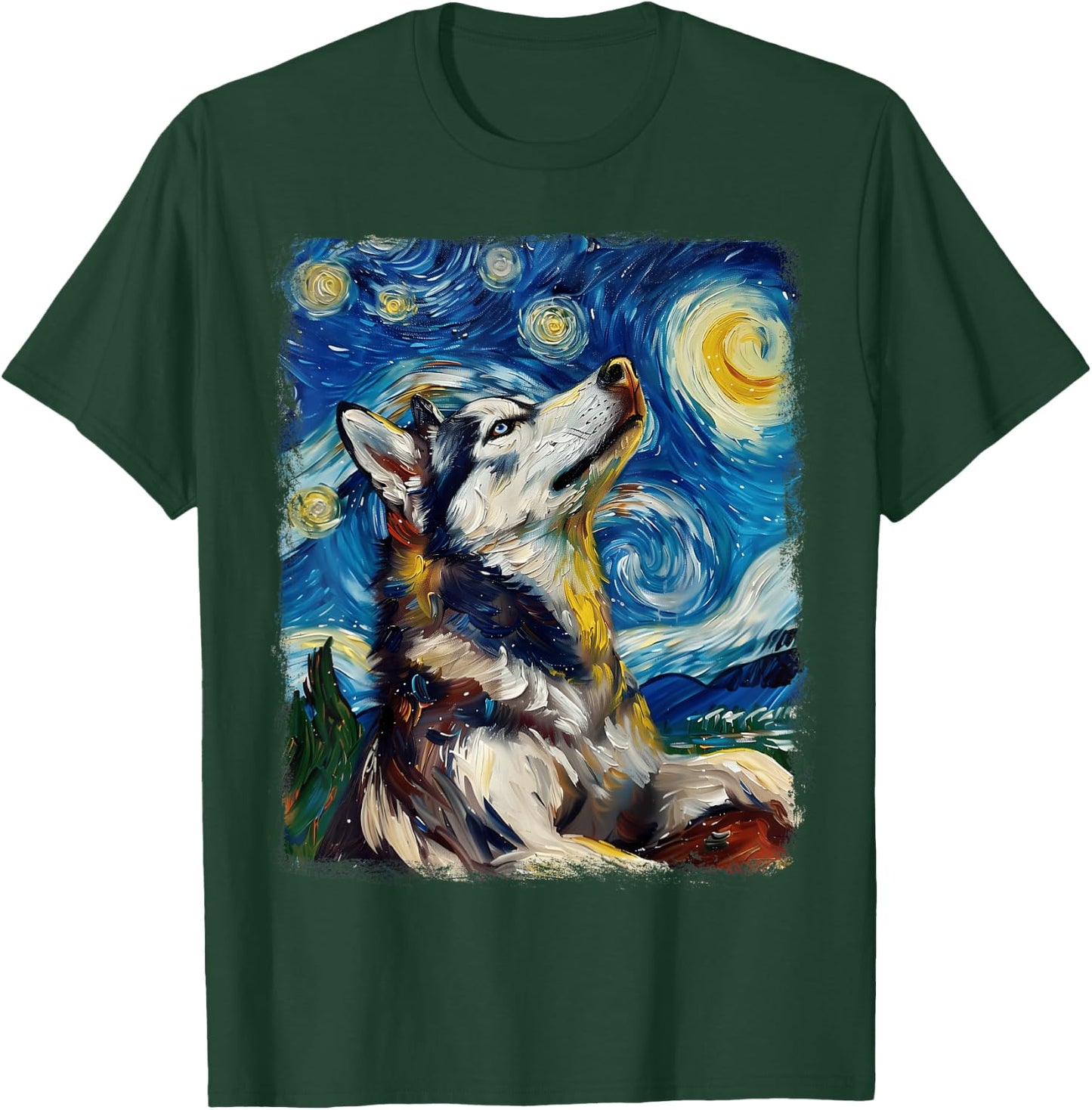 Siberian Husky Dog Starry Night Painting T-Shirt - T-Shirt | Forest