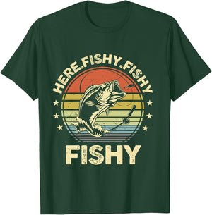 Fishing Here-Fishy Bass Fish Funny Dad Graphic T-Shirt - T-Shirt | Forest