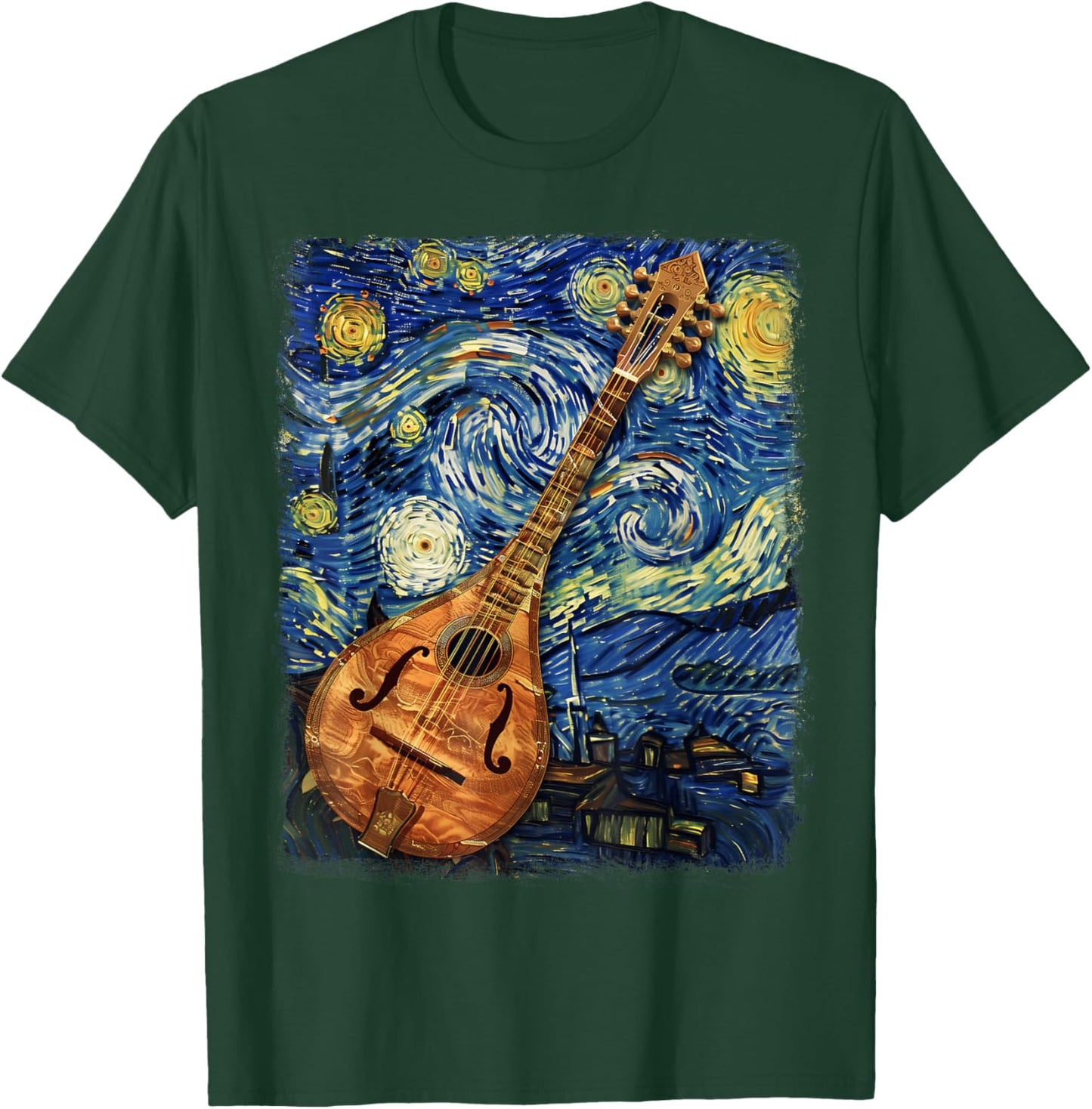Mandolin Mandolinist Instrument Starry Night Painting T-Shirt - T-Shirt | Forest