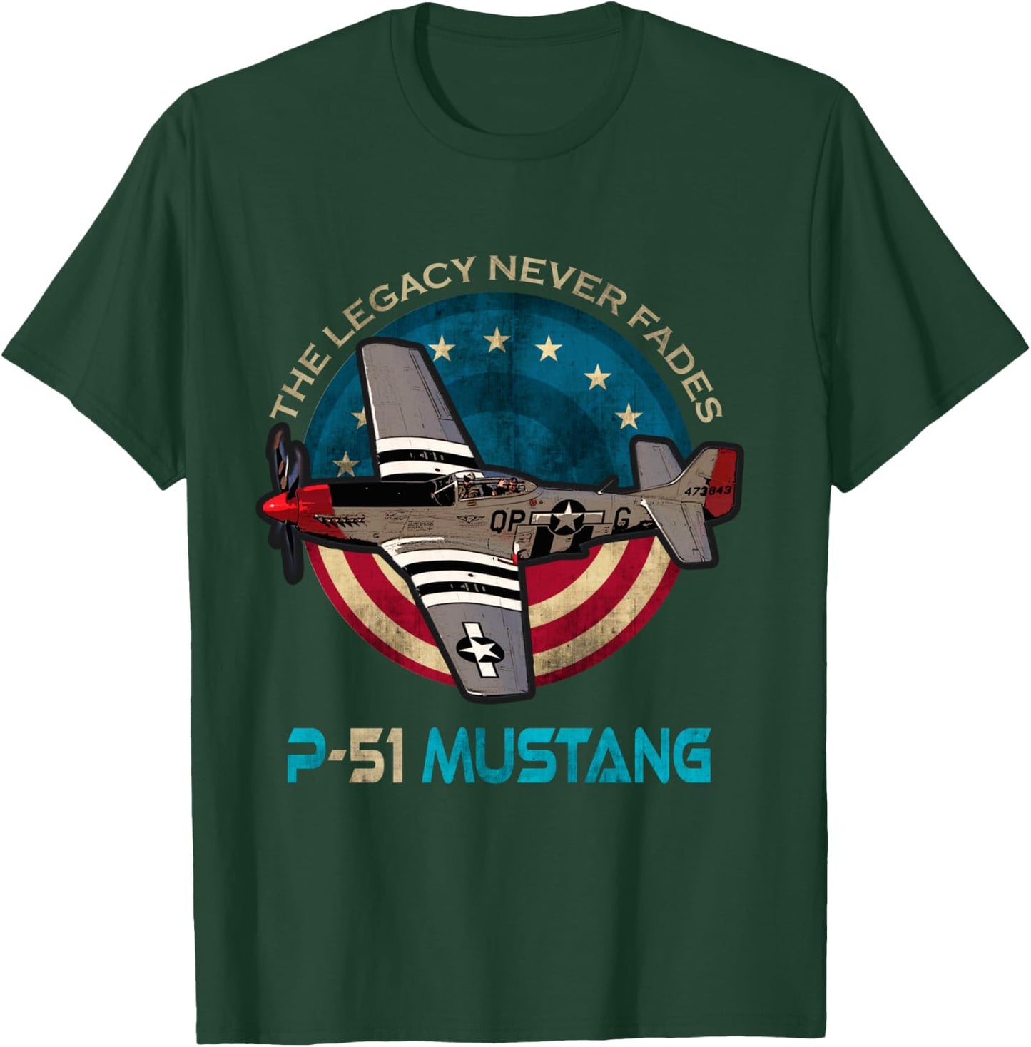 P-51 Mustang American WW2 Fighter Airplane Vintage USA Flag T-Shirt - T-Shirt | Forest