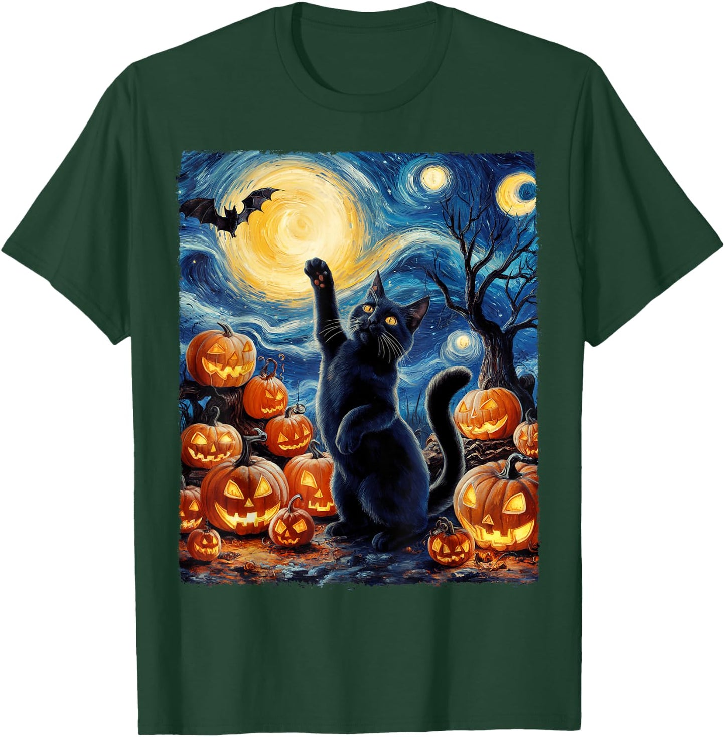Halloween Cat Van Gogh Starry Night Pumpkin Gifts Men Women T-Shirt - T-Shirt | Forest