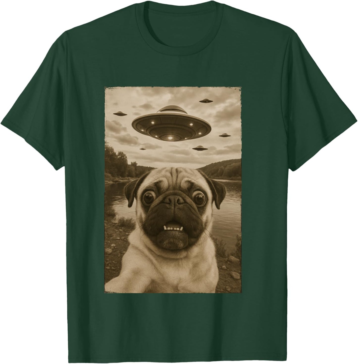 Vintage Pug UFO Encounters - Funny UFO and Pug Selfie T-Shirt - T-Shirt | Forest