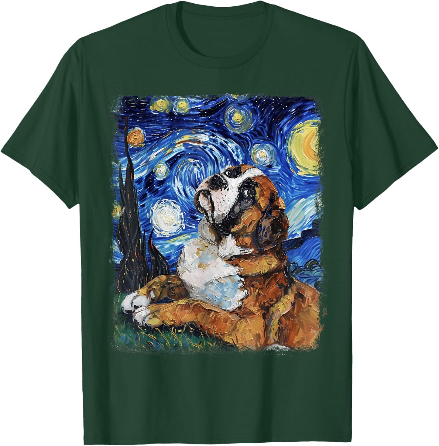 St. Bernard Dog Starry Night Painting T-Shirt - T-Shirt | Forest