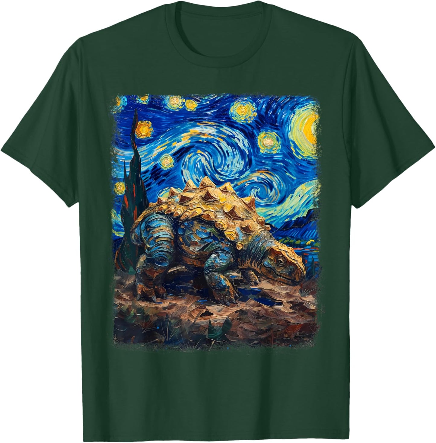 Ankylosaurus Dinosaur Starry Night Painting T-Shirt - T-Shirt | Forest