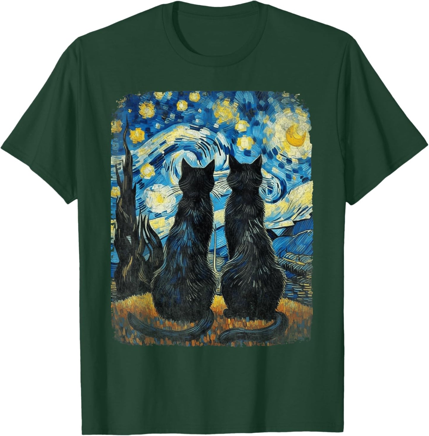 Cat Gifts for Cat Mom Dad Starry Night Van Gogh Cat T-Shirt - T-Shirt | Forest