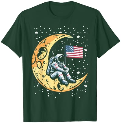 Astronaut Crescent Moon US Flag Space Patriot Men Women Kids T-Shirt - T-Shirt | Forest