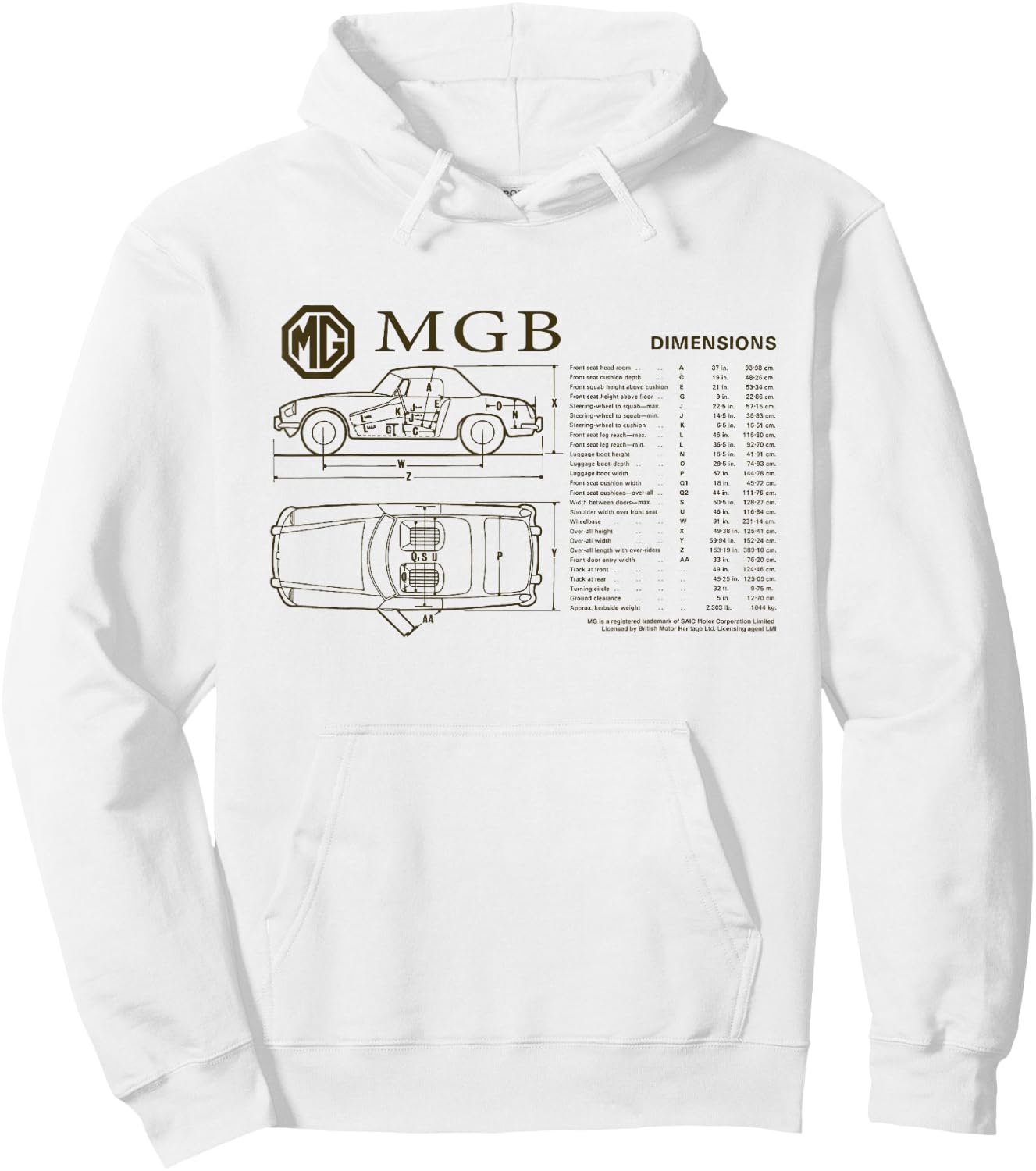 British Motor Heritage MG MGB Car Dimensions Hoodie - Hoodie | White