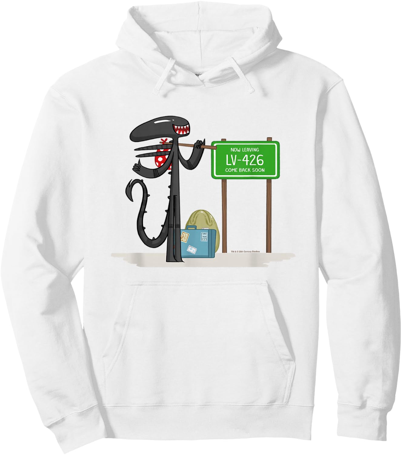 Aliens Cute Animated Xenomorph Leaving LV-426 Big Chest Logo Hoodie - Hoodie | White