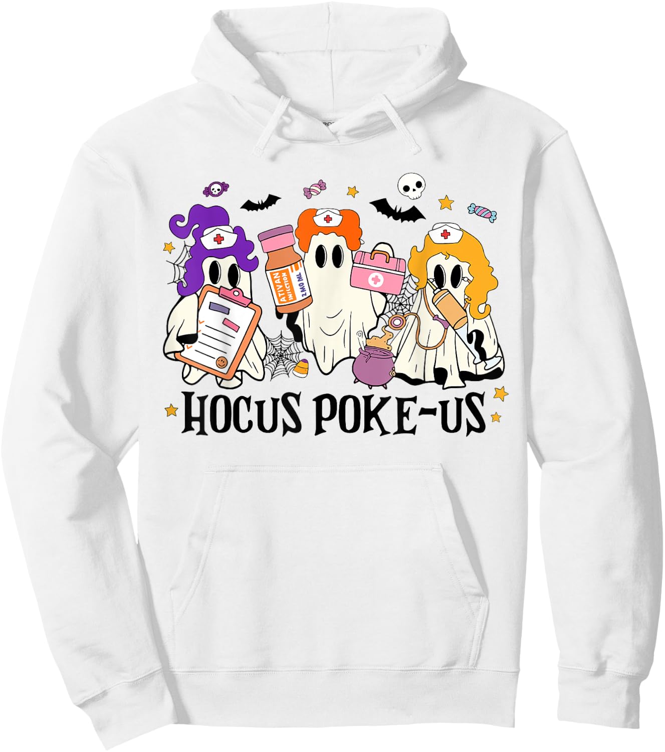 Retro Funny Hocus Poke-us Spooky Nurse Halloween Cute Ghost Hoodie - Hoodie | White